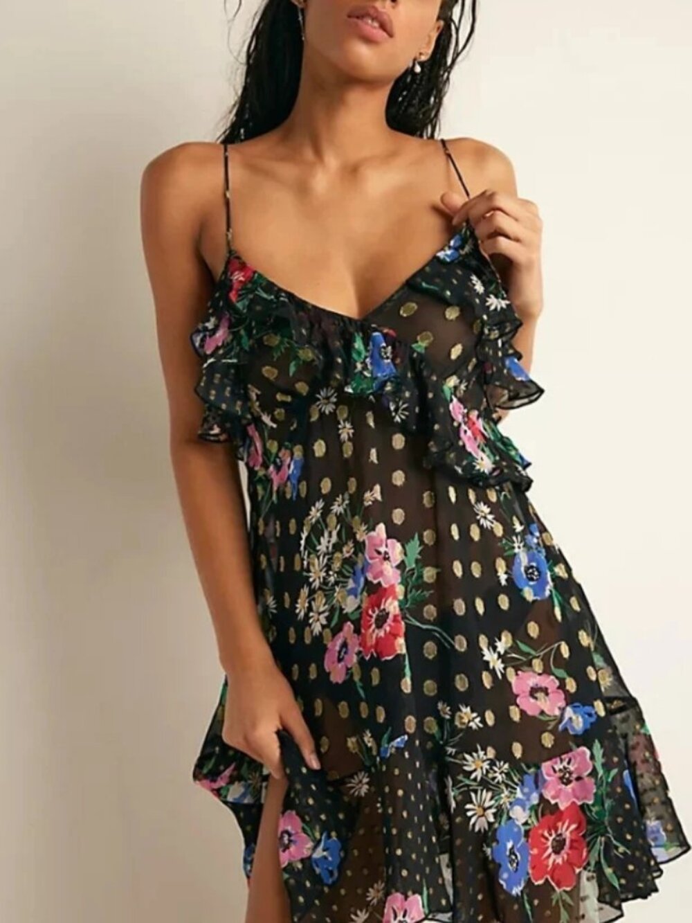 Free People FP One Rosalie Mini Slip Dress V Neck Ruffles Printed L